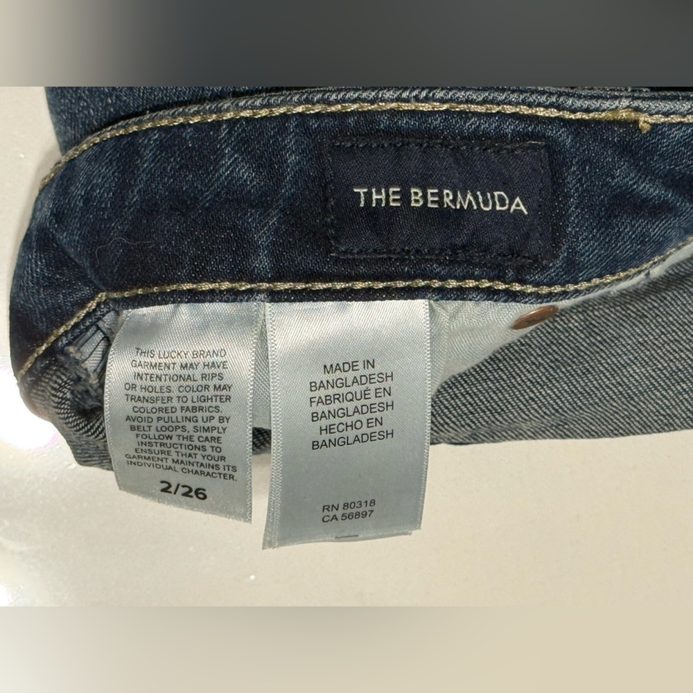 Lucky Brand Bermuda Jean Shorts | Dark Wash Denim w/ Tan Logo Patch - Picture 14 of 16